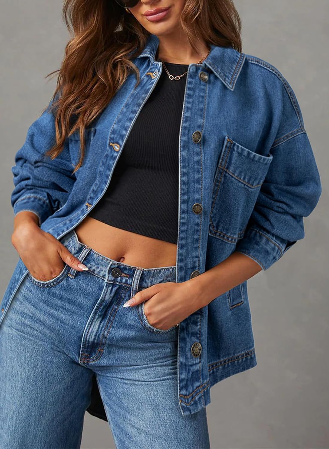 Sidefeel Women’s Jean Jacket Oversized Boyfriend Button Up Long Sleeve Split Zimbaplatinum Denim Jackets