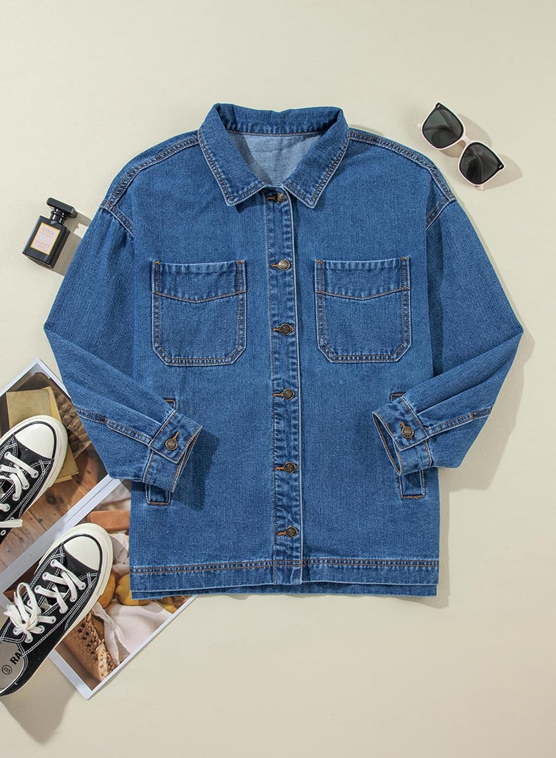 Sidefeel Women’s Jean Jacket Oversized Boyfriend Button Up Long Sleeve Split Zimbaplatinum Denim Jackets