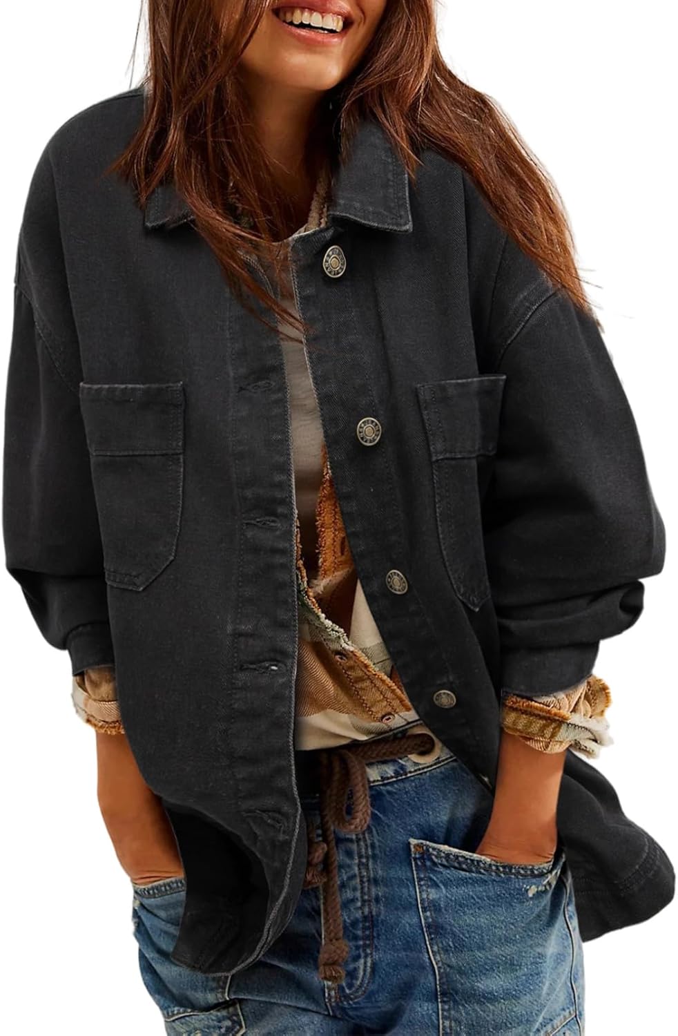 Sidefeel Women’s Jean Jacket Oversized Boyfriend Button Up Long Sleeve Split Zimbaplatinum Denim Jackets