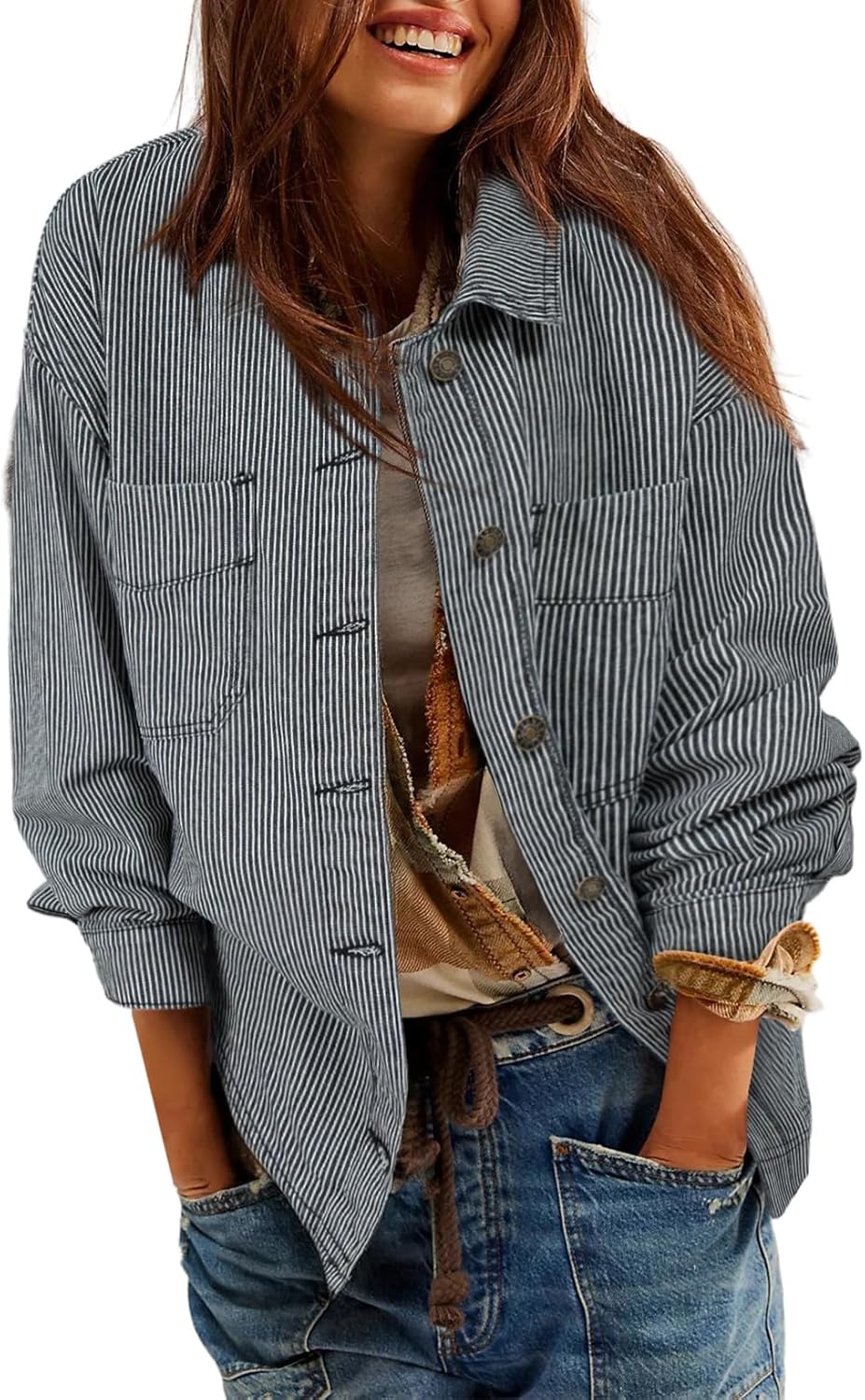 Sidefeel Women’s Jean Jacket Oversized Boyfriend Button Up Long Sleeve Split Zimbaplatinum Denim Jackets