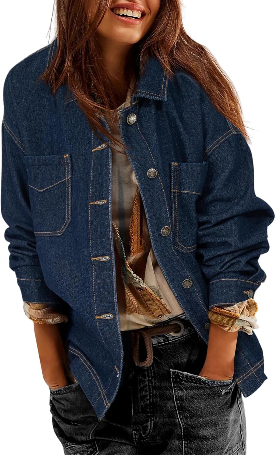 Sidefeel Women’s Jean Jacket Oversized Boyfriend Button Up Long Sleeve Split Zimbaplatinum Denim Jackets