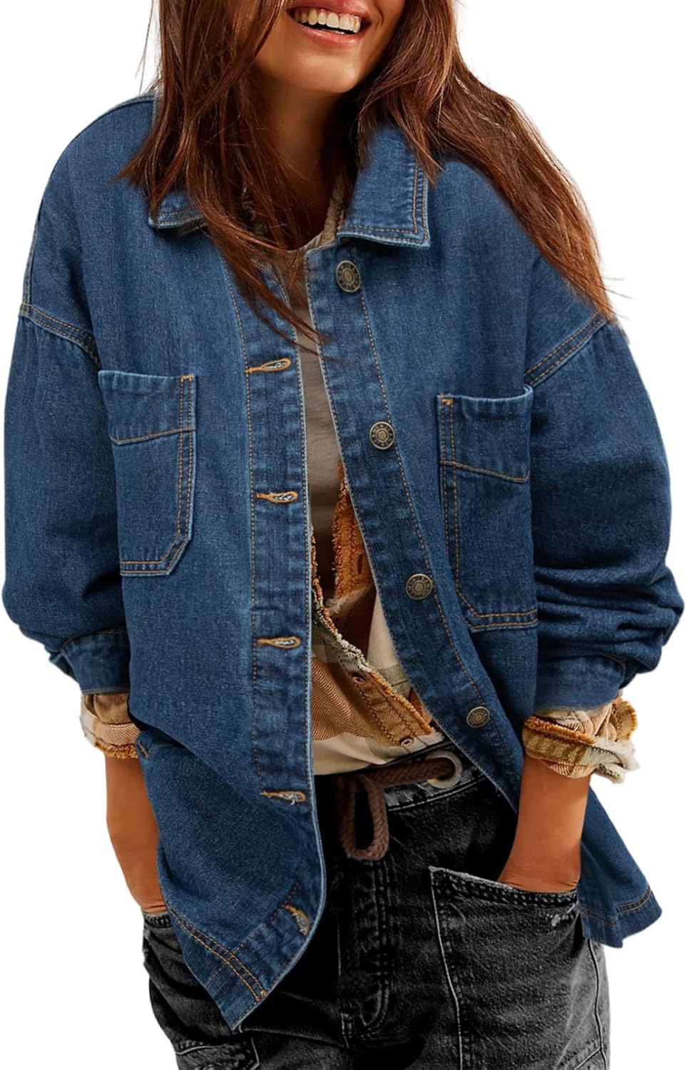 Sidefeel Women’s Jean Jacket Oversized Boyfriend Button Up Long Sleeve Split Zimbaplatinum Denim Jackets