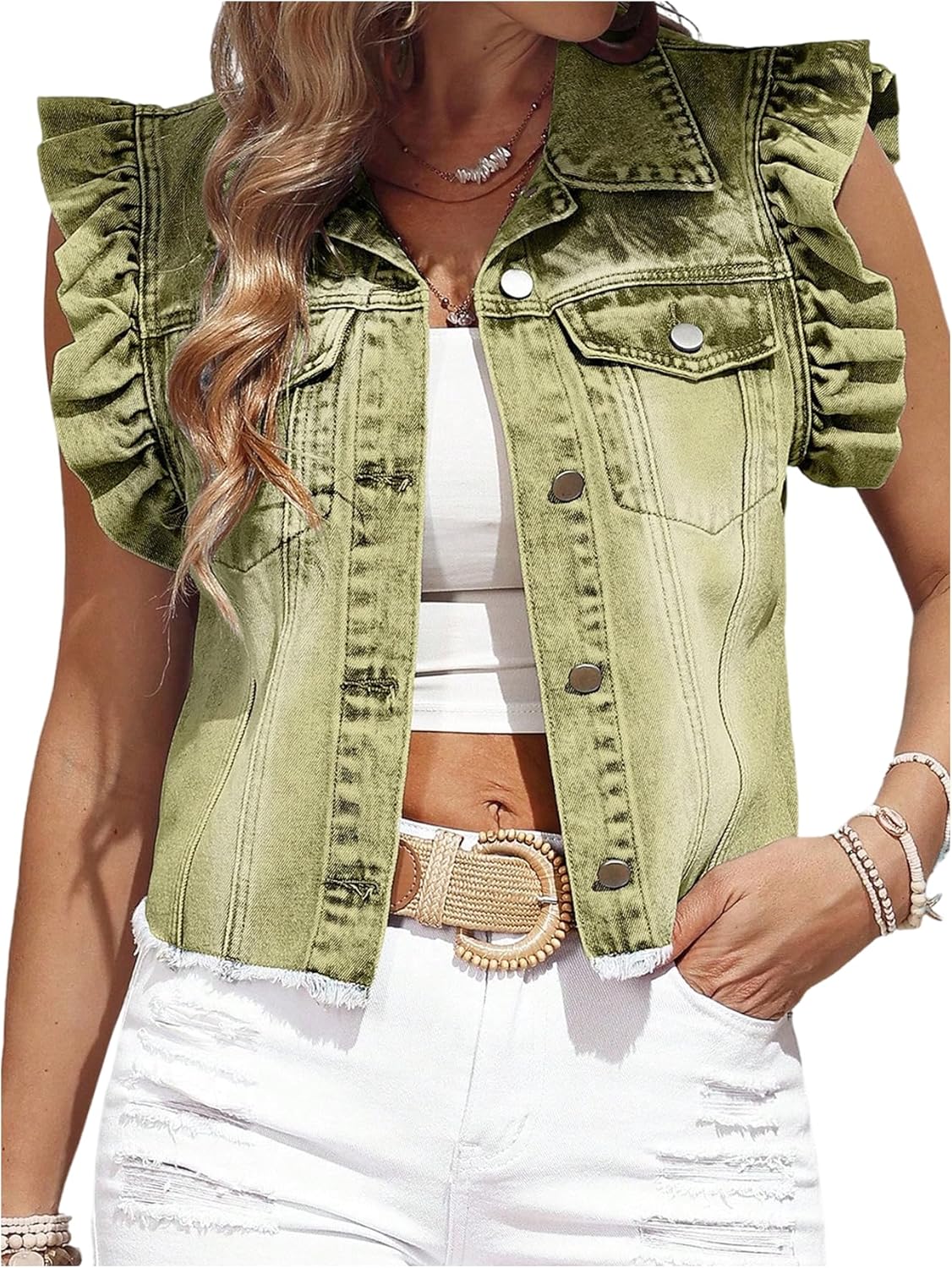 SOLY HUX Women’s Denim Jacket Ruffle Cap Sleeve Button Down Trendy Jean Jackets Coat