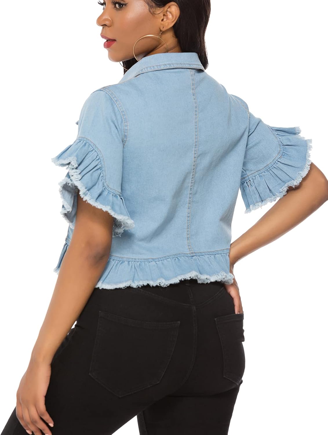 Suvimuga Women’s Denim Jacket Button Down Distressed Ruffle Sleeve Crop Jean Jackets Coat