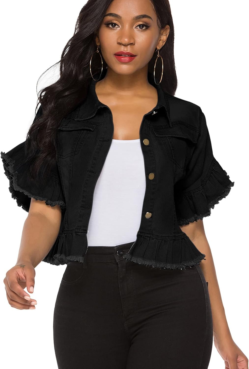 Suvimuga Women’s Denim Jacket Button Down Distressed Ruffle Sleeve Crop Jean Jackets Coat