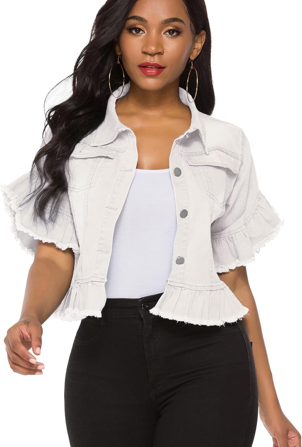 Suvimuga Women’s Denim Jacket Button Down Distressed Ruffle Sleeve Crop Jean Jackets Coat