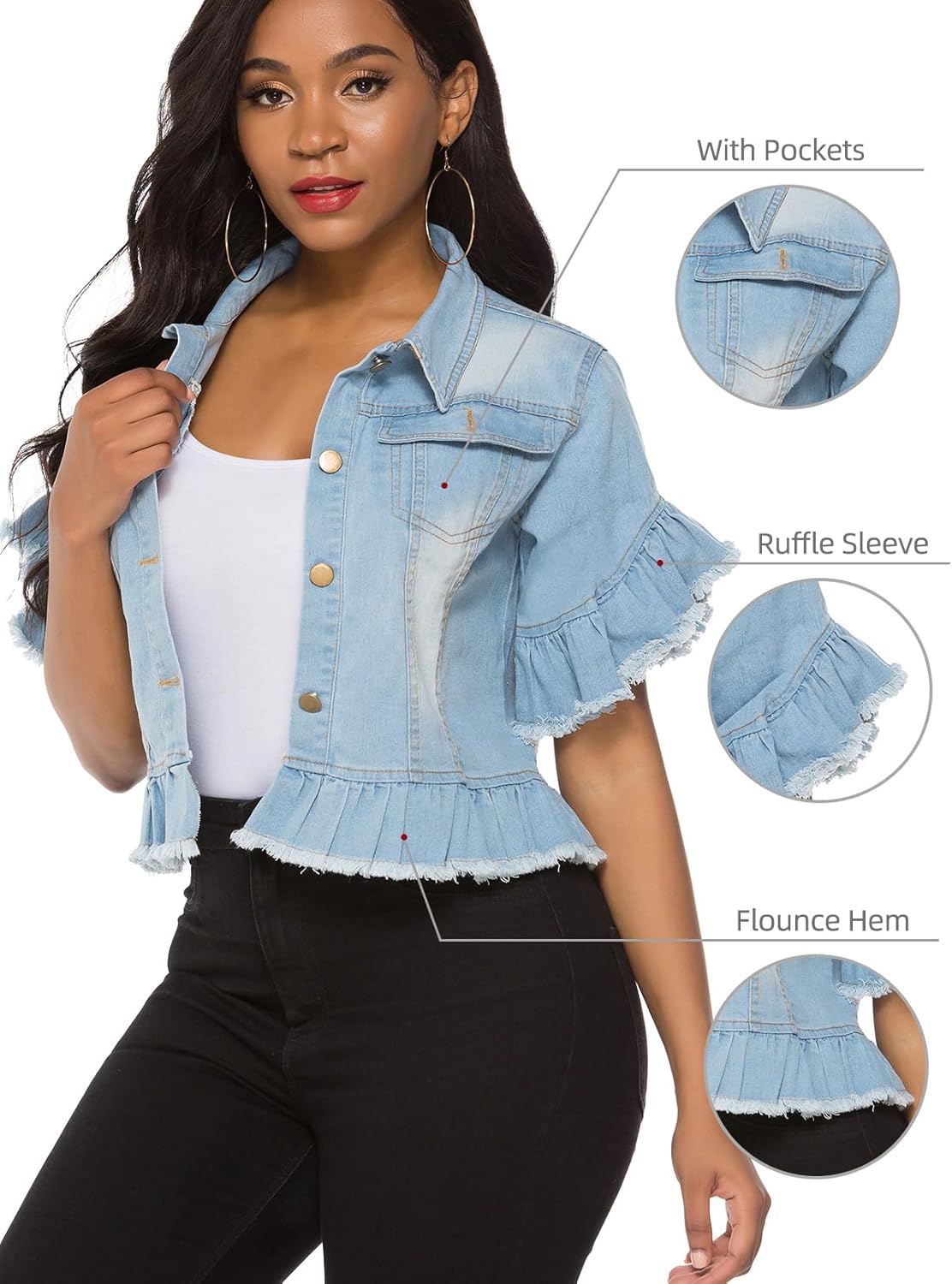 Suvimuga Women’s Denim Jacket Button Down Distressed Ruffle Sleeve Crop Jean Jackets Coat