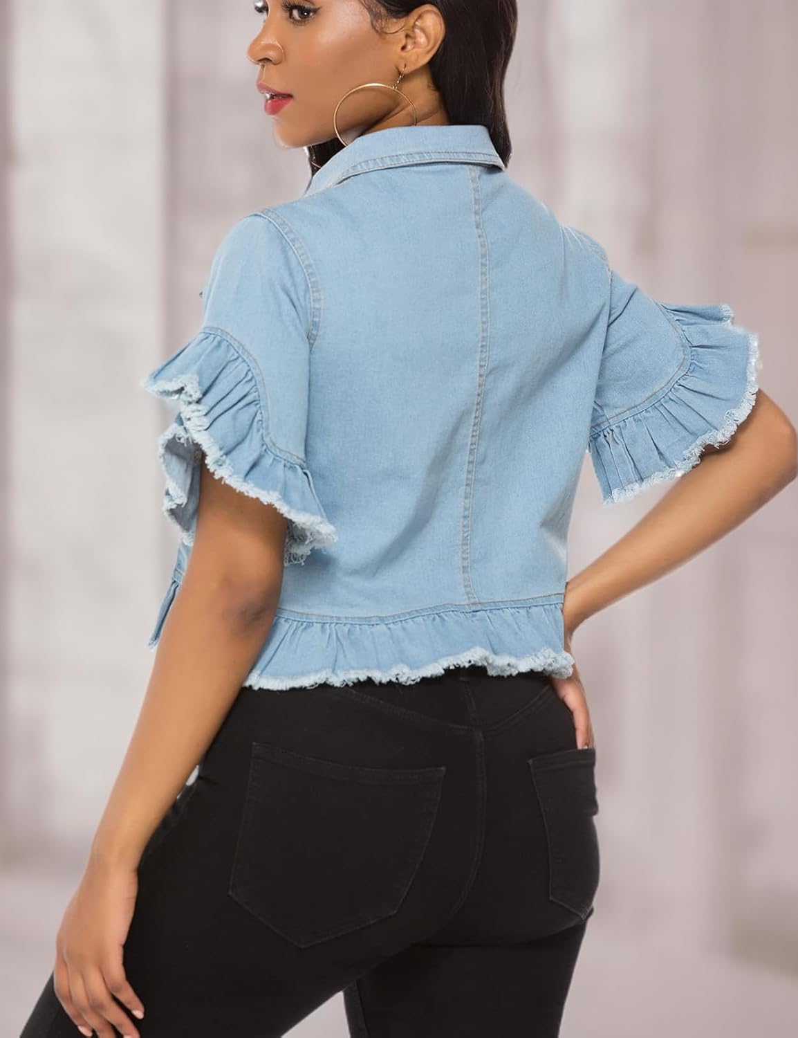 Suvimuga Women’s Denim Jacket Button Down Distressed Ruffle Sleeve Crop Jean Jackets Coat
