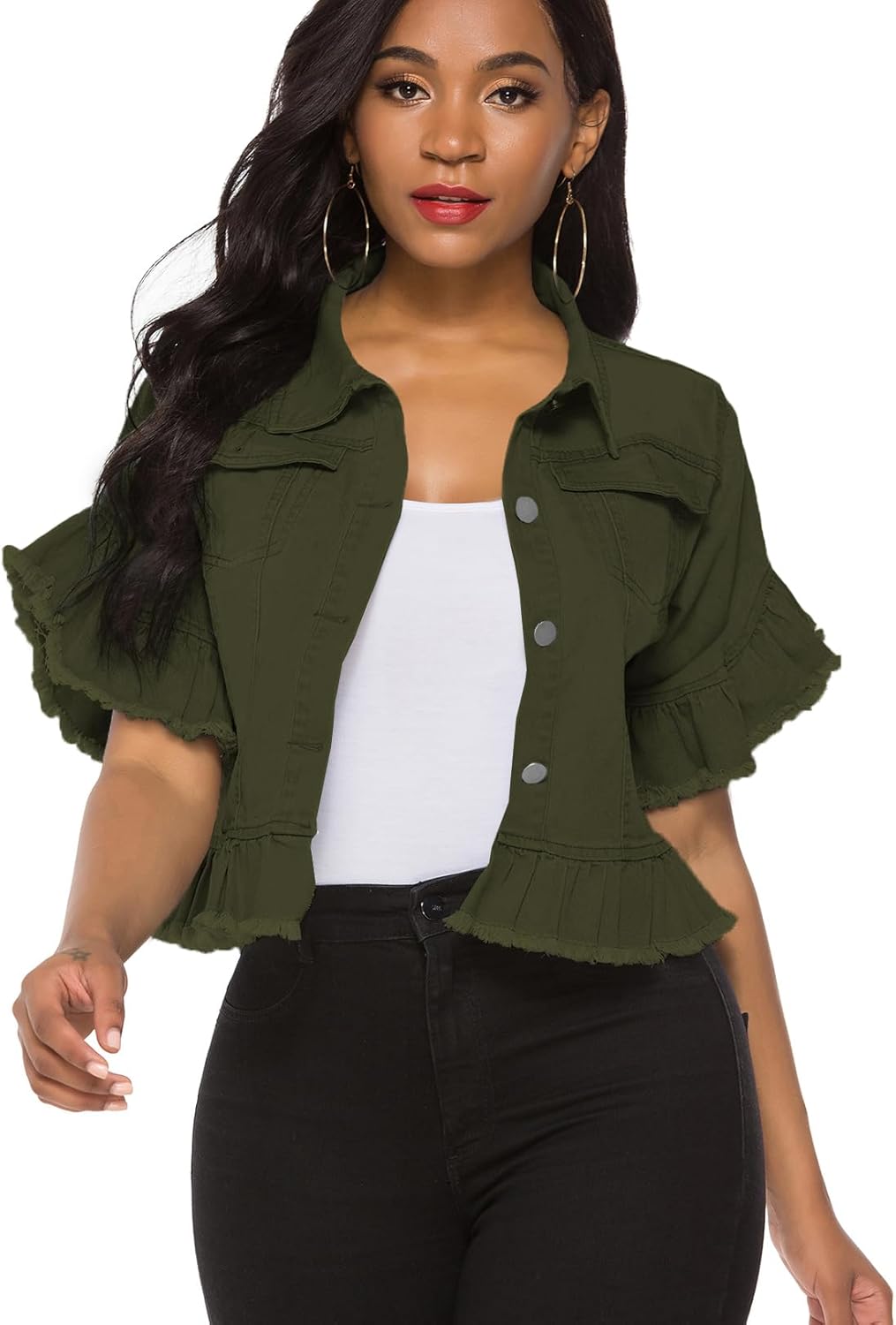 Suvimuga Women’s Denim Jacket Button Down Distressed Ruffle Sleeve Crop Jean Jackets Coat