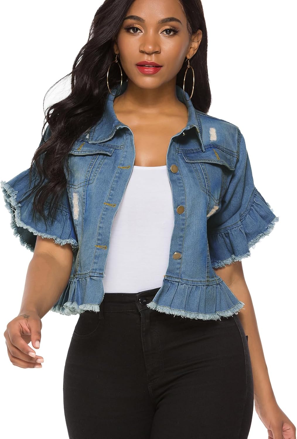 Suvimuga Women’s Denim Jacket Button Down Distressed Ruffle Sleeve Crop Jean Jackets Coat