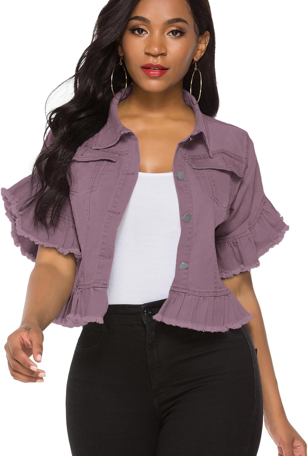 Suvimuga Women’s Denim Jacket Button Down Distressed Ruffle Sleeve Crop Jean Jackets Coat