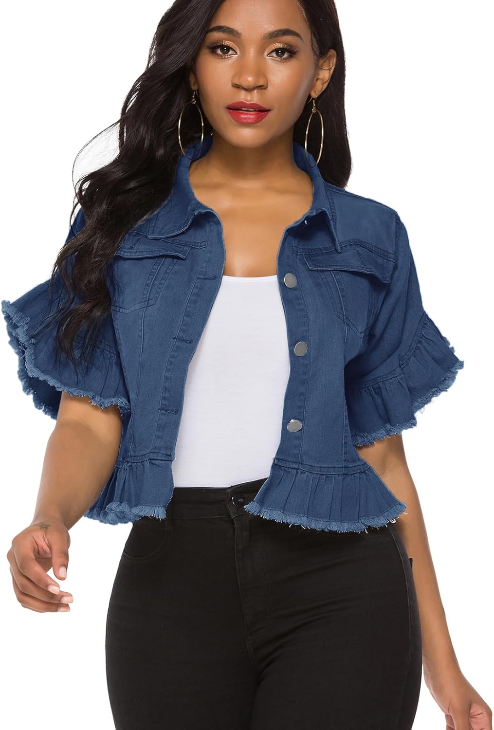 Suvimuga Women’s Denim Jacket Button Down Distressed Ruffle Sleeve Crop Jean Jackets Coat