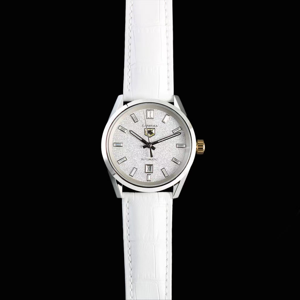Carrera Silver Glitter Dial - White Leather Automatic Watch - Image 2