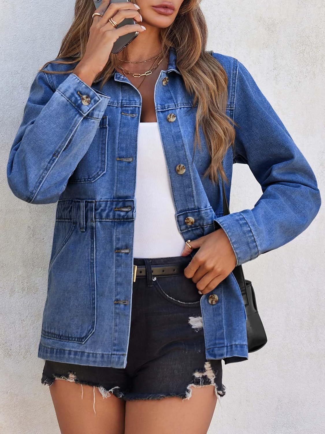 Tankaneo Denim Jacket for Women Distressed Jean Jacket Button Down Oversized Shacket with Pockets 2025