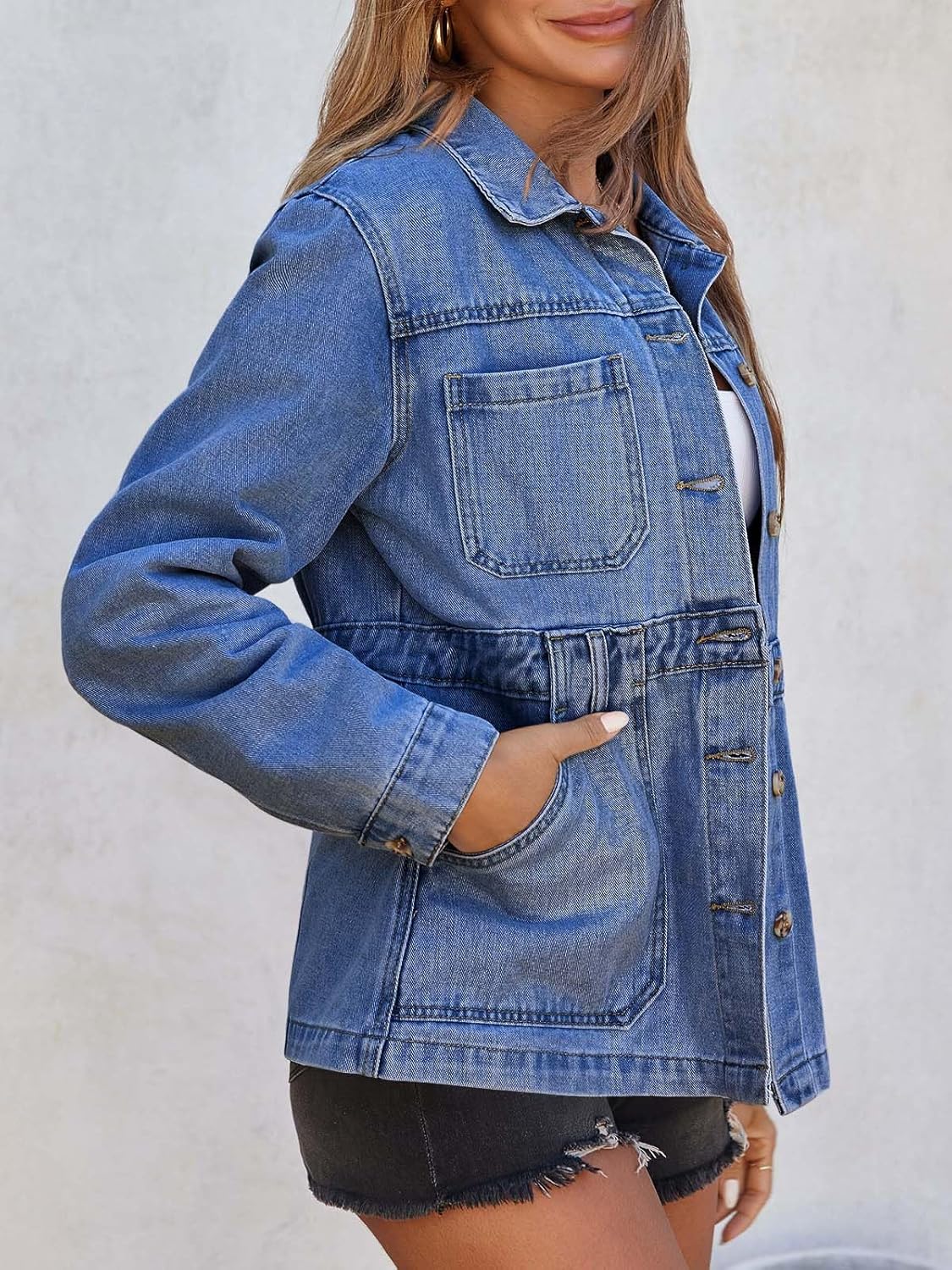 Tankaneo Denim Jacket for Women Distressed Jean Jacket Button Down Oversized Shacket with Pockets 2025