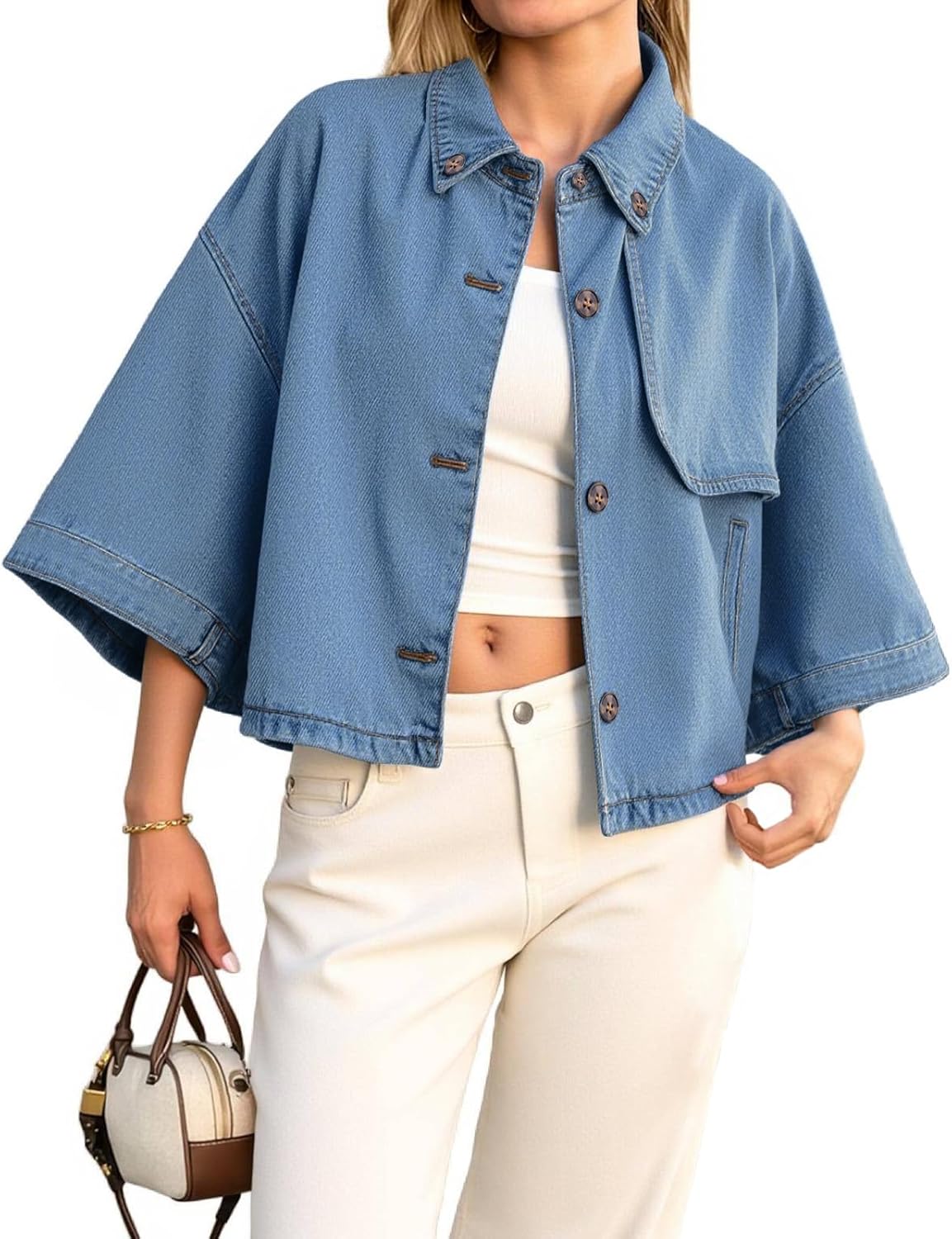 Tankaneo Womens Cropped Denim Jackets Casual Button Down Jean Shirt Shacket Loose 3\/4 Sleeve Coat with Pockets