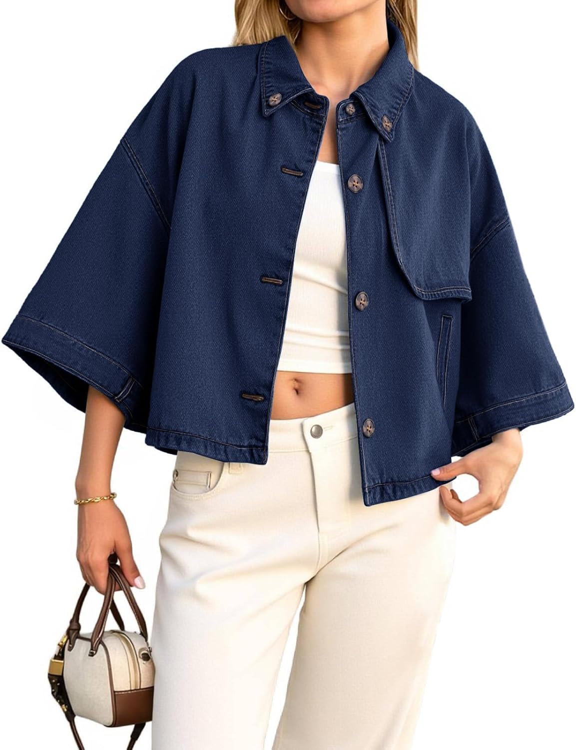 Tankaneo Womens Cropped Denim Jackets Casual Button Down Jean Shirt Shacket Loose 3\/4 Sleeve Coat with Pockets