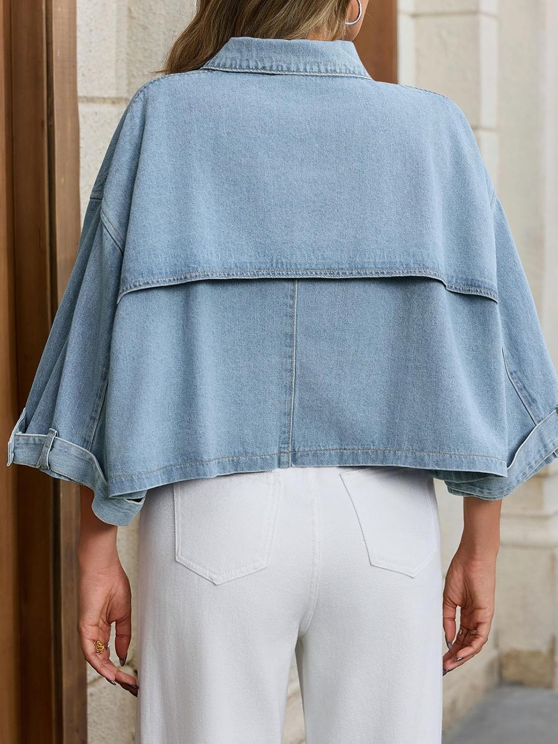 Tankaneo Womens Cropped Denim Jackets Casual Button Down Jean Shirt Shacket Loose 3\/4 Sleeve Coat with Pockets