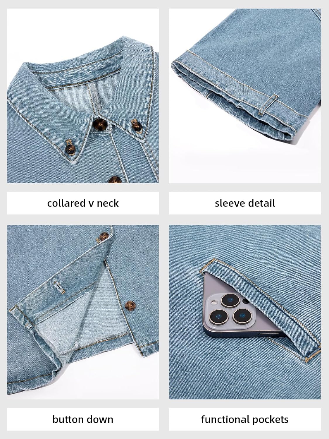 Tankaneo Womens Cropped Denim Jackets Casual Button Down Jean Shirt Shacket Loose 3\/4 Sleeve Coat with Pockets