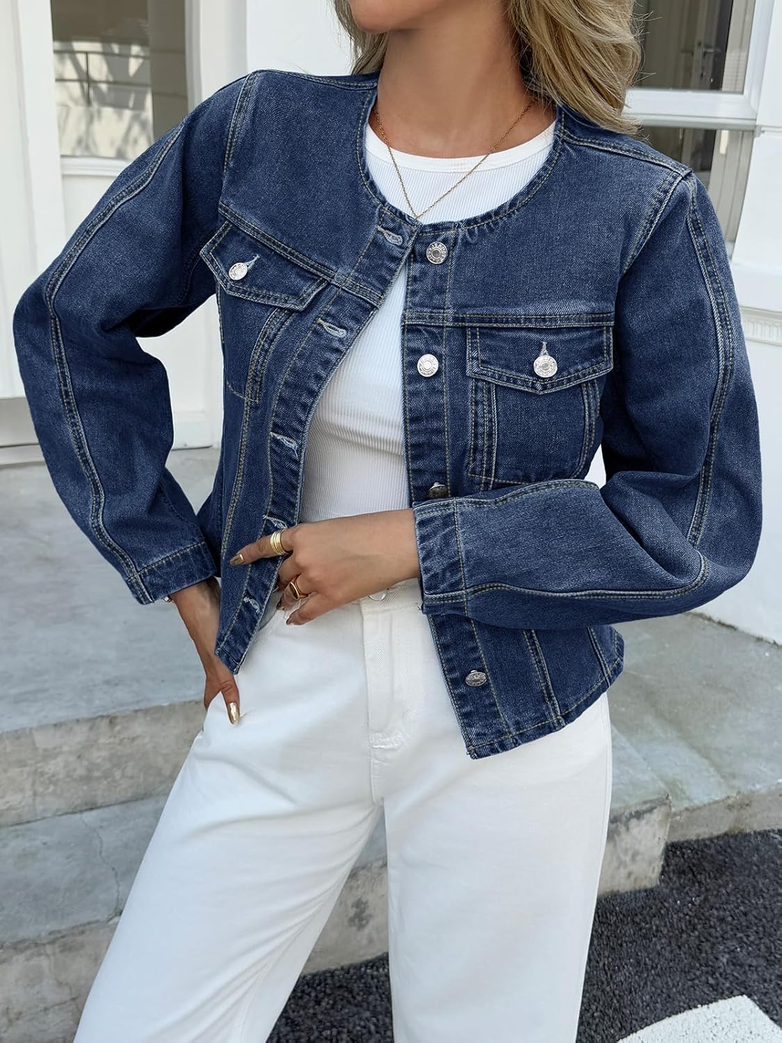 Tankaneo Womens Cropped Jean Jacket Trendy Crewneck Button Down Short Denim Jacket Y2k Slim Fit Casual Shacket