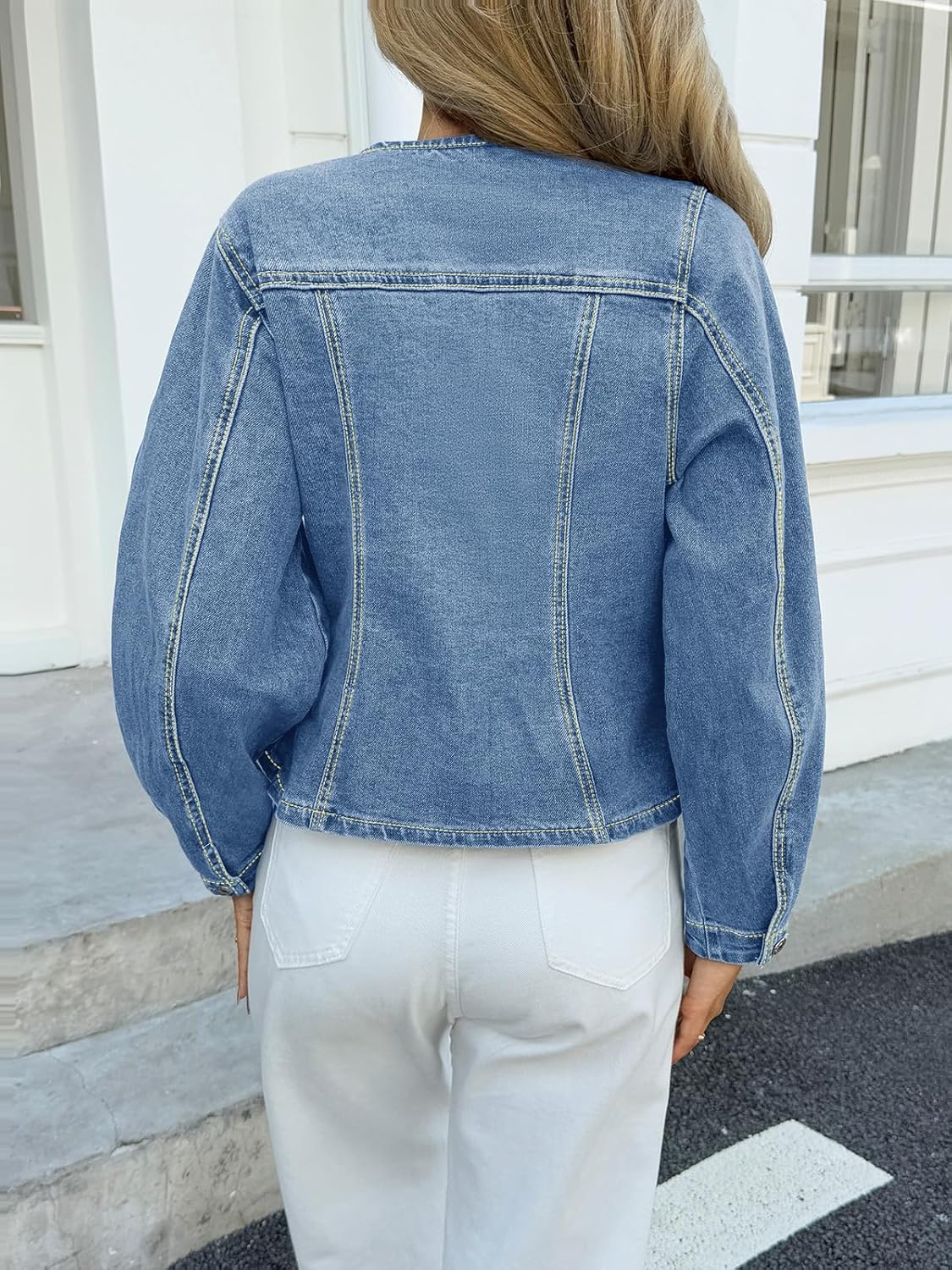 Tankaneo Womens Cropped Jean Jacket Trendy Crewneck Button Down Short Denim Jacket Y2k Slim Fit Casual Shacket