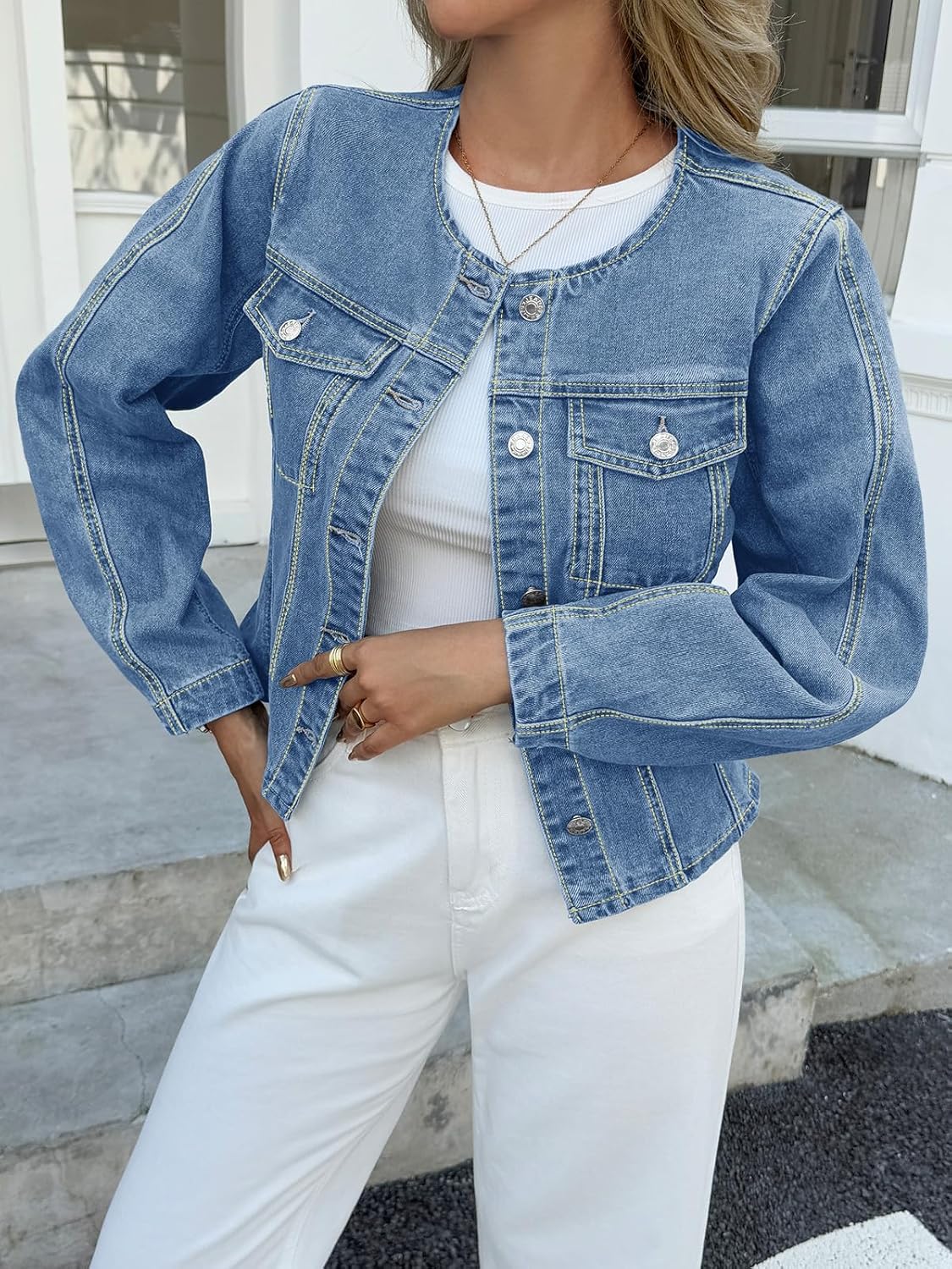 Tankaneo Womens Cropped Jean Jacket Trendy Crewneck Button Down Short Denim Jacket Y2k Slim Fit Casual Shacket