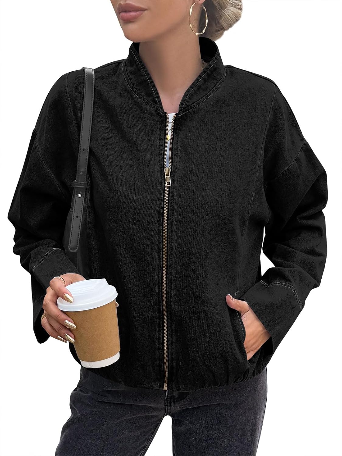 Tankaneo Womens Denim Bomber Jacket Zip Up Cropped Lightweight Jean Jacket Fall Casual Outerwear with Pockets