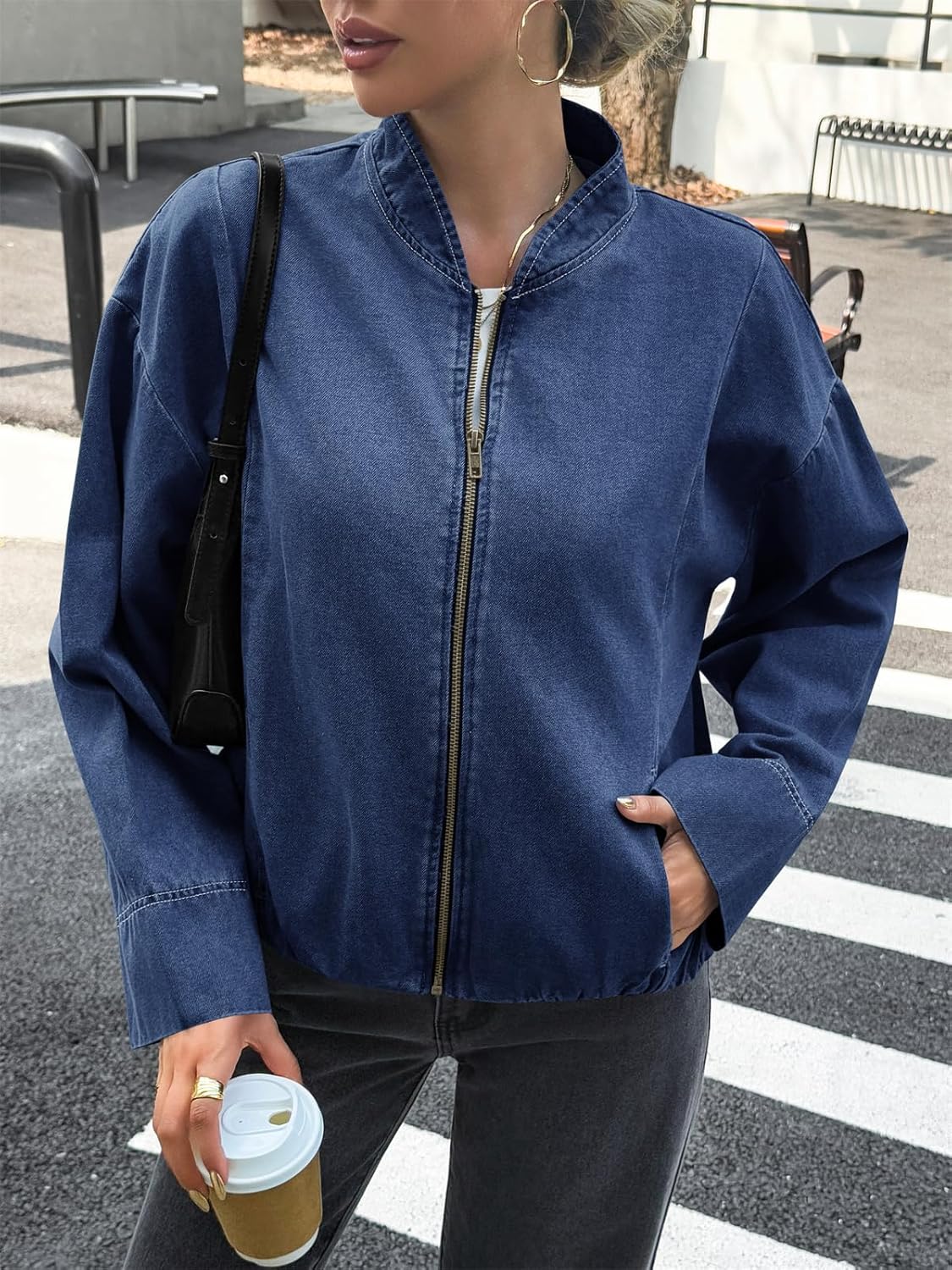 Tankaneo Womens Denim Bomber Jacket Zip Up Cropped Lightweight Jean Jacket Fall Casual Outerwear with Pockets