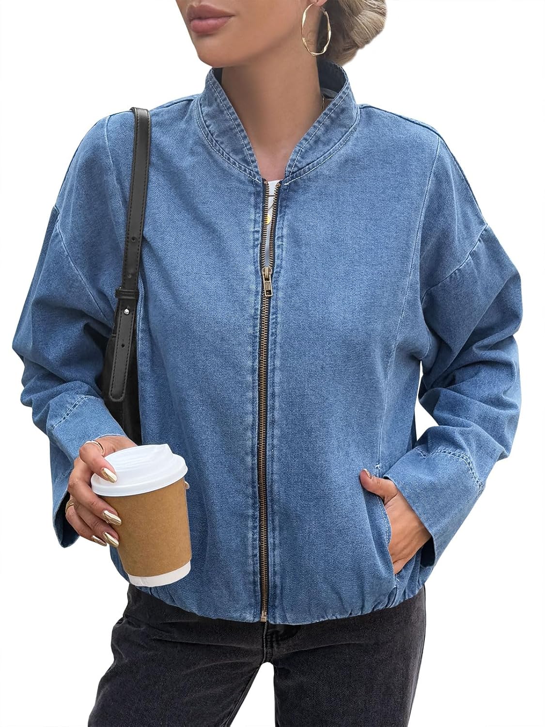 Tankaneo Womens Denim Bomber Jacket Zip Up Cropped Lightweight Jean Jacket Fall Casual Outerwear with Pockets