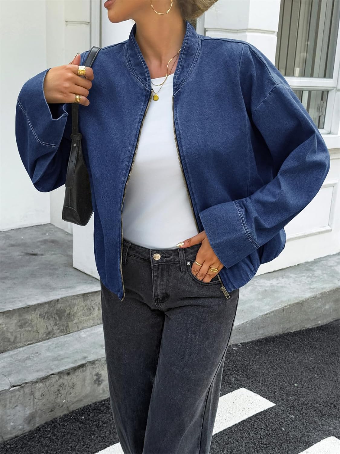 Tankaneo Womens Denim Bomber Jacket Zip Up Cropped Lightweight Jean Jacket Fall Casual Outerwear with Pockets