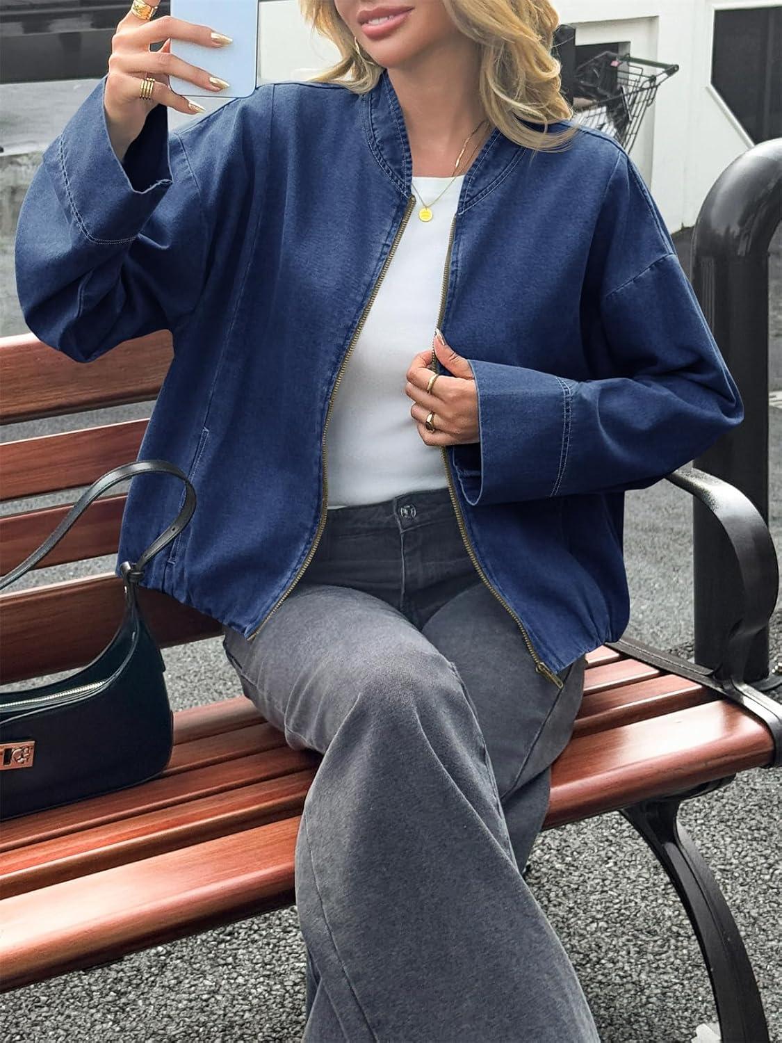 Tankaneo Womens Denim Bomber Jacket Zip Up Cropped Lightweight Jean Jacket Fall Casual Outerwear with Pockets