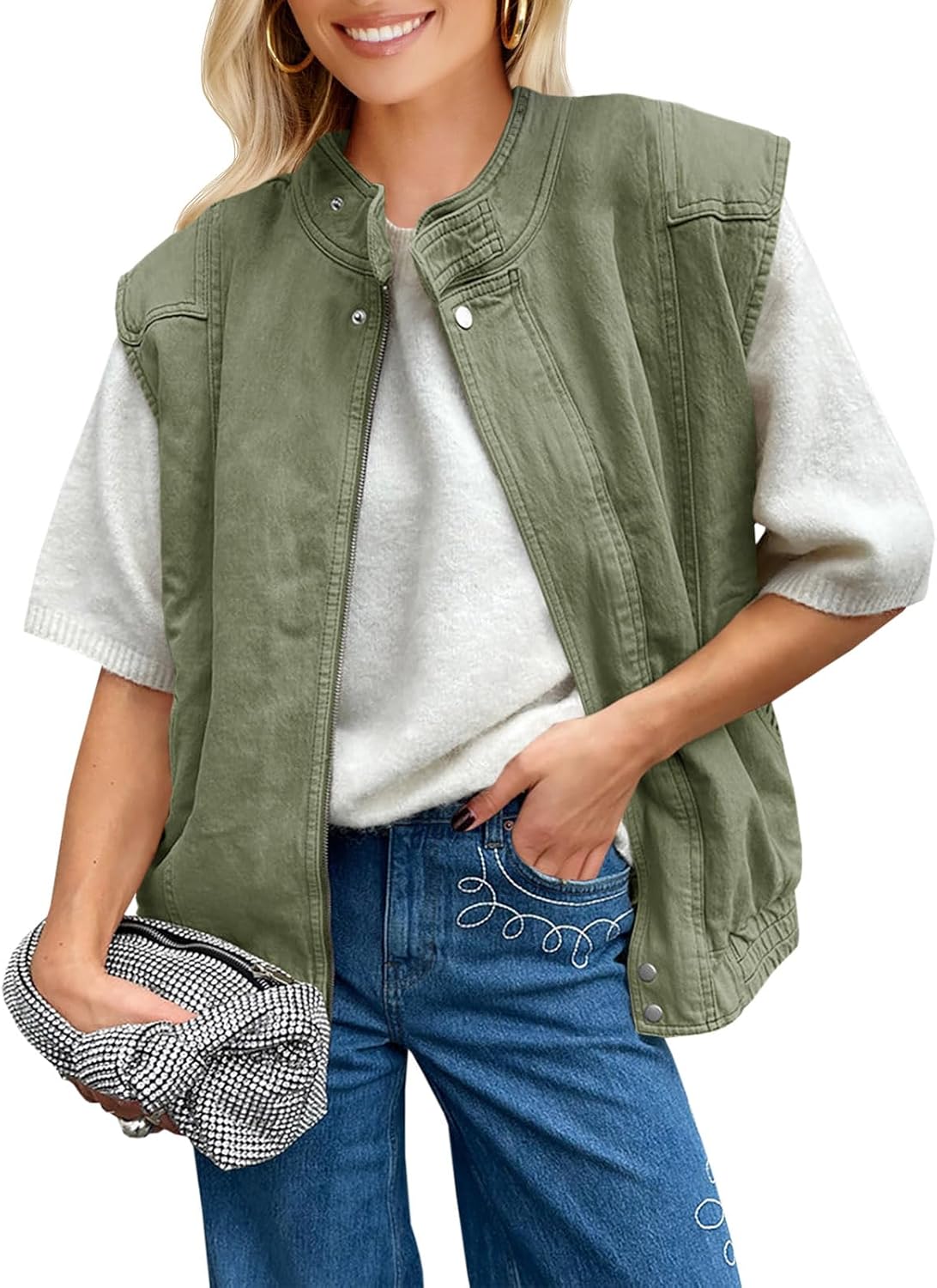 Tankaneo Womens Denim Vest Stand Collar Zip Up Jean Vest Utility Cargo Sleeveless Oversized Jackets