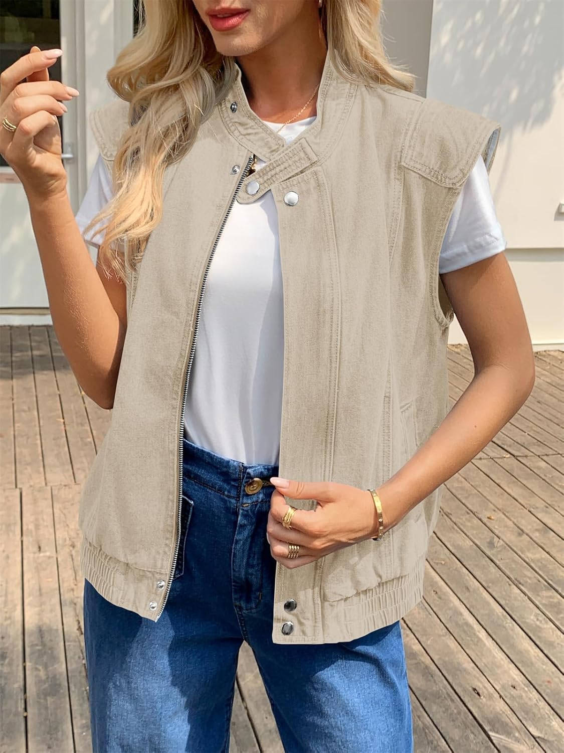 Tankaneo Womens Denim Vest Stand Collar Zip Up Jean Vest Utility Cargo Sleeveless Oversized Jackets