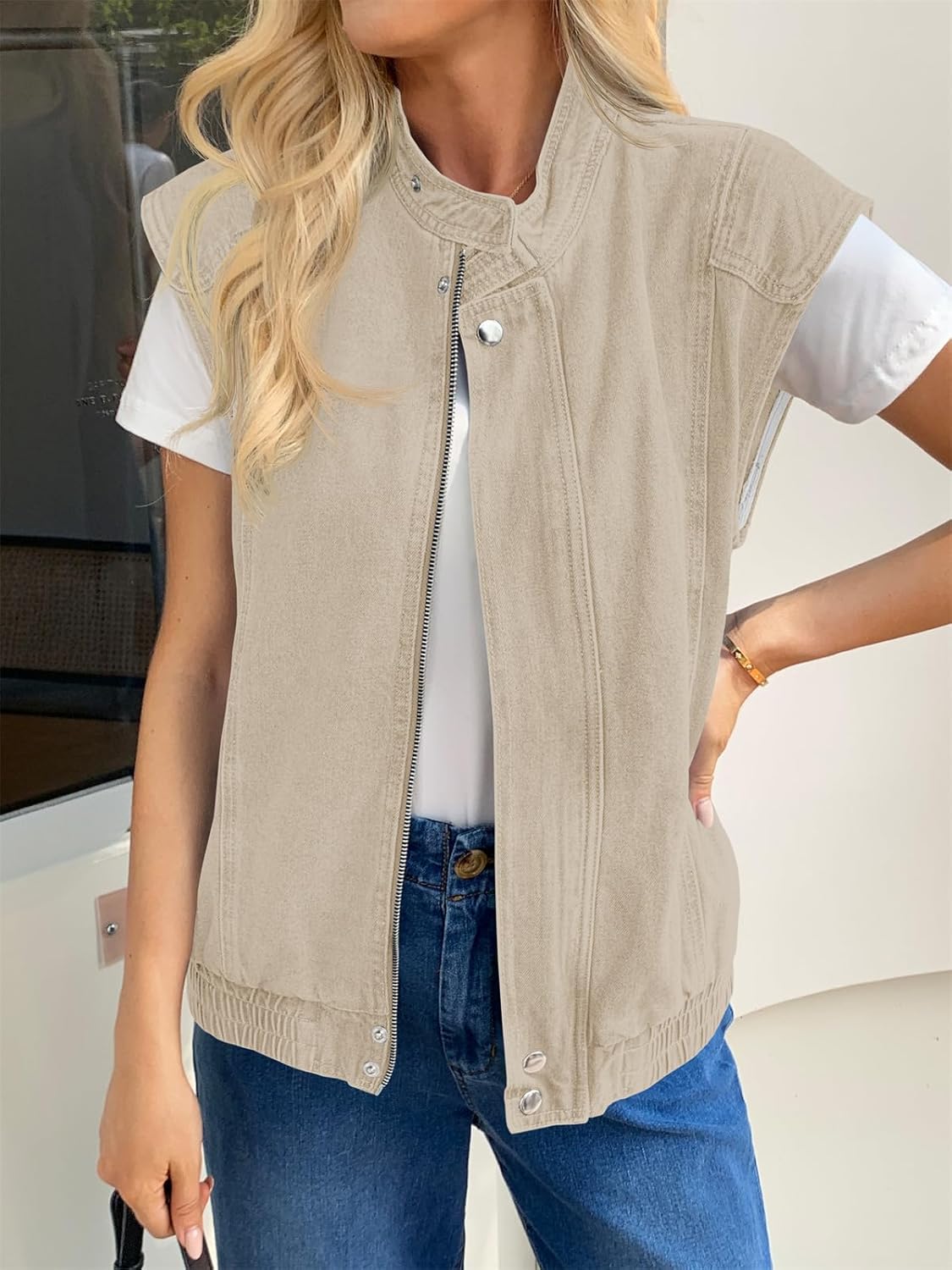Tankaneo Womens Denim Vest Stand Collar Zip Up Jean Vest Utility Cargo Sleeveless Oversized Jackets