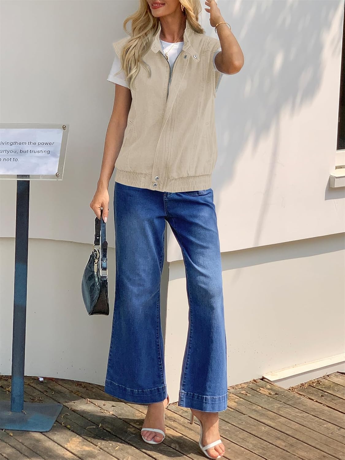 Tankaneo Womens Denim Vest Stand Collar Zip Up Jean Vest Utility Cargo Sleeveless Oversized Jackets