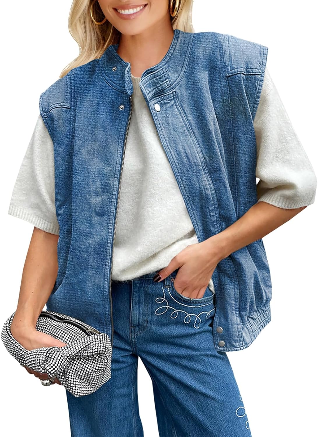 Tankaneo Womens Denim Vest Stand Collar Zip Up Jean Vest Utility Cargo Sleeveless Oversized Jackets