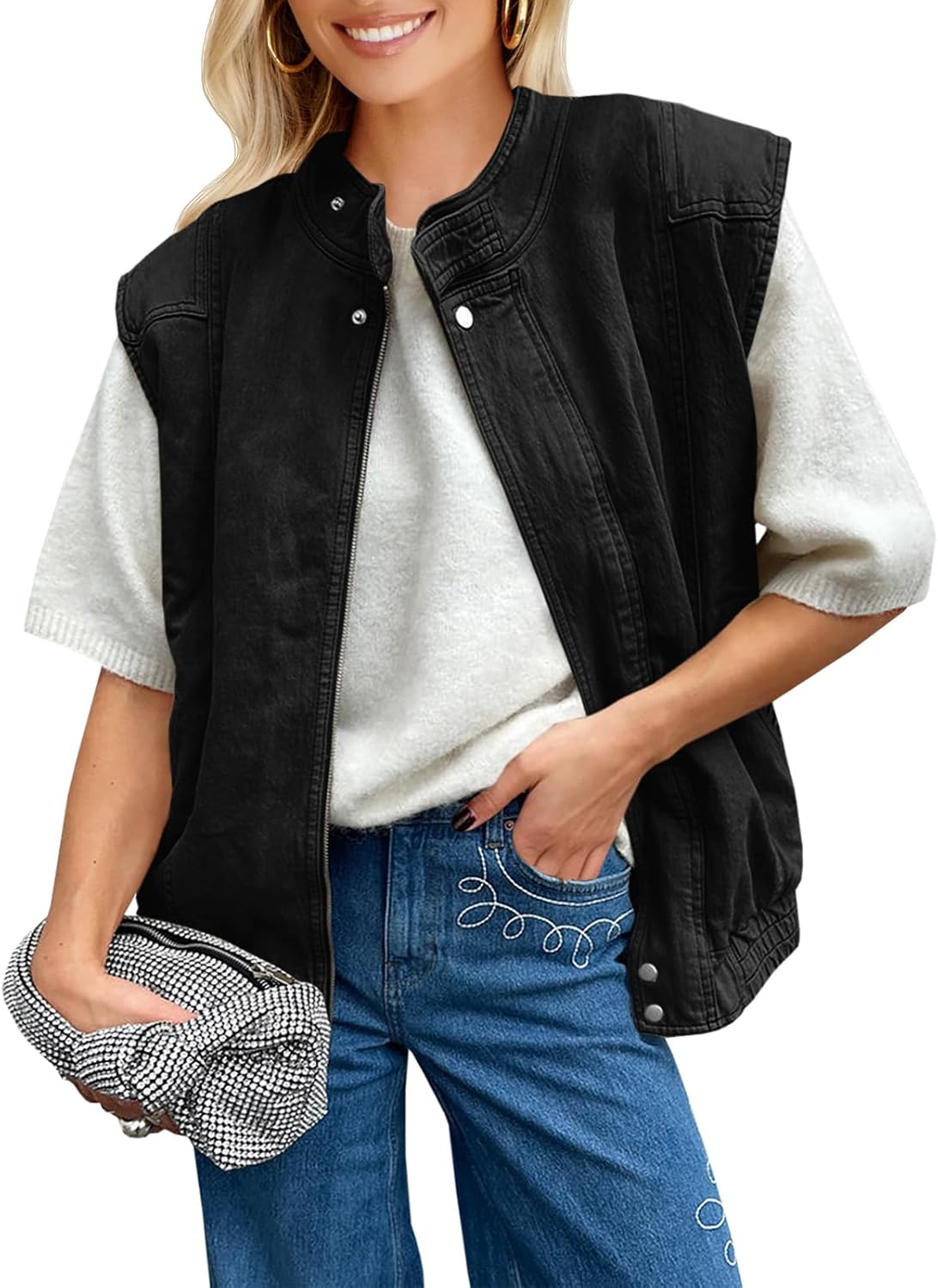 Tankaneo Womens Denim Vest Stand Collar Zip Up Jean Vest Utility Cargo Sleeveless Oversized Jackets