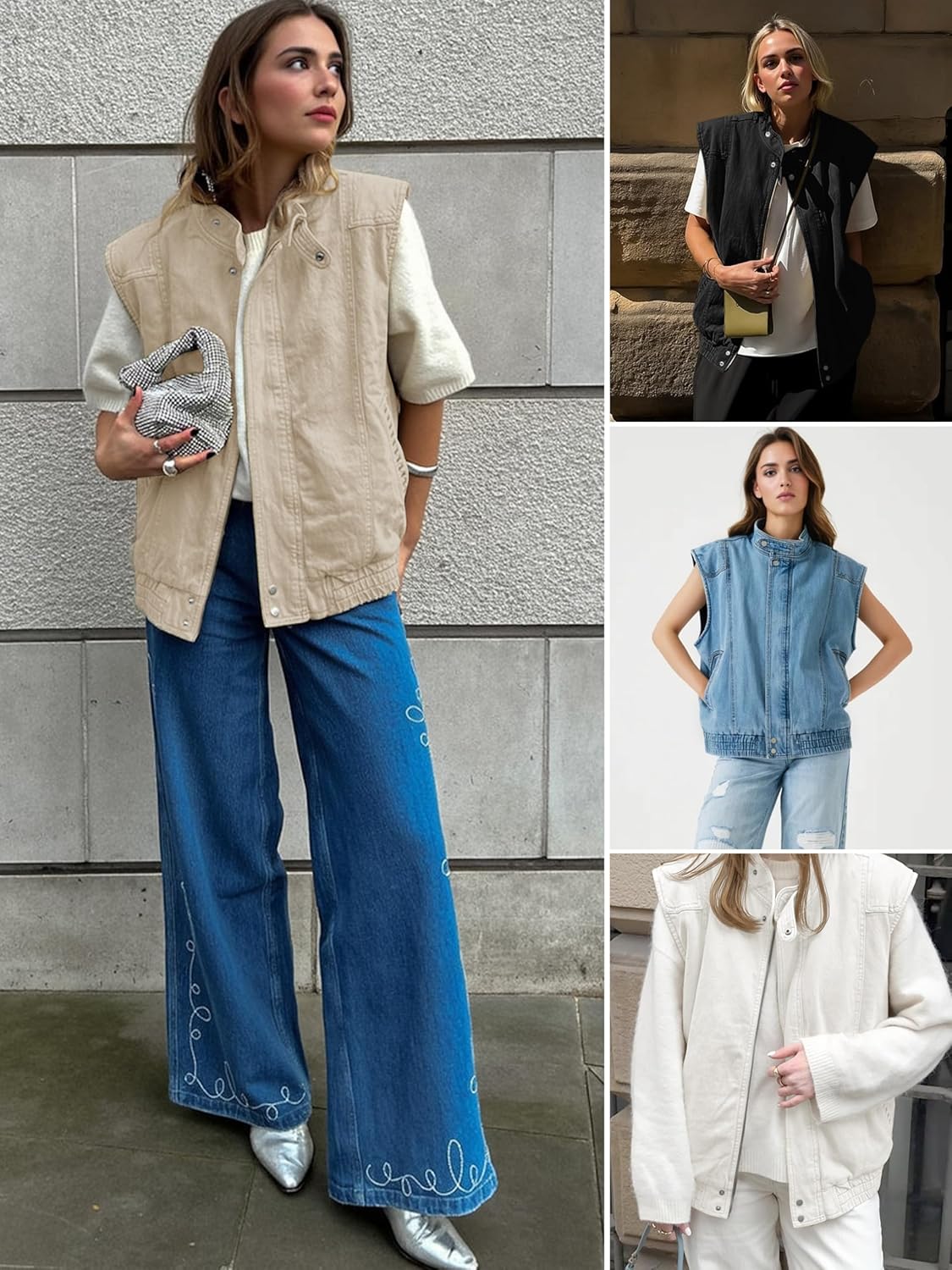 Tankaneo Womens Denim Vest Stand Collar Zip Up Jean Vest Utility Cargo Sleeveless Oversized Jackets