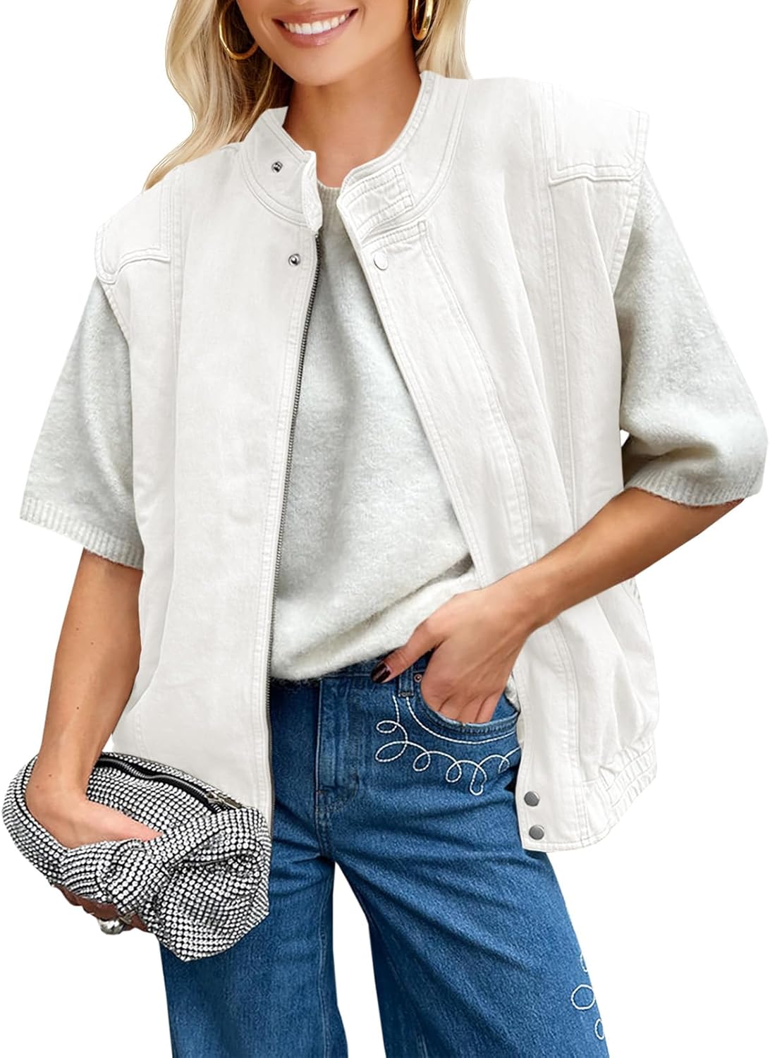 Tankaneo Womens Denim Vest Stand Collar Zip Up Jean Vest Utility Cargo Sleeveless Oversized Jackets