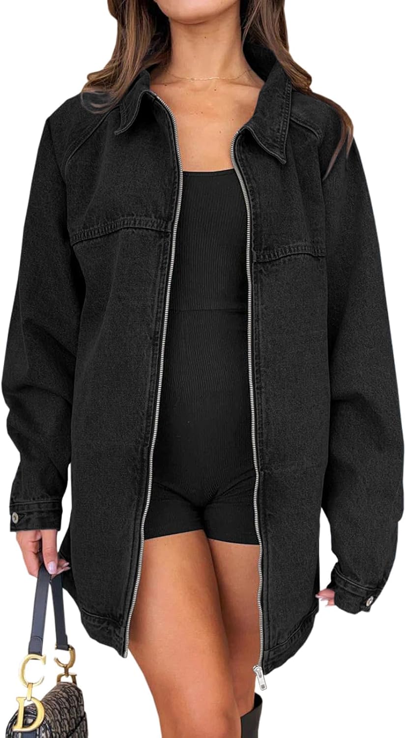 Tankaneo Womens Oversized Denim Jackets Casual Zip up Spring Long Sleeve Jean Jacket with Pocket