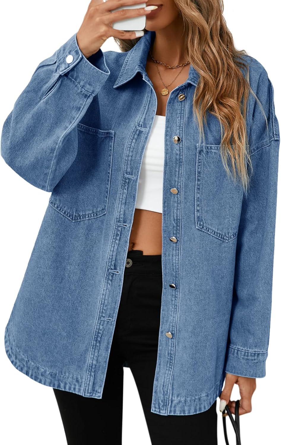 Tankaneo Womens Oversized Denim Shirt Jacket Button Down Long Sleeve Fall Casual Jean Shackets