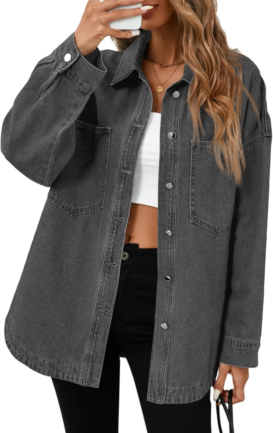Tankaneo Womens Oversized Denim Shirt Jacket Button Down Long Sleeve Fall Casual Jean Shackets