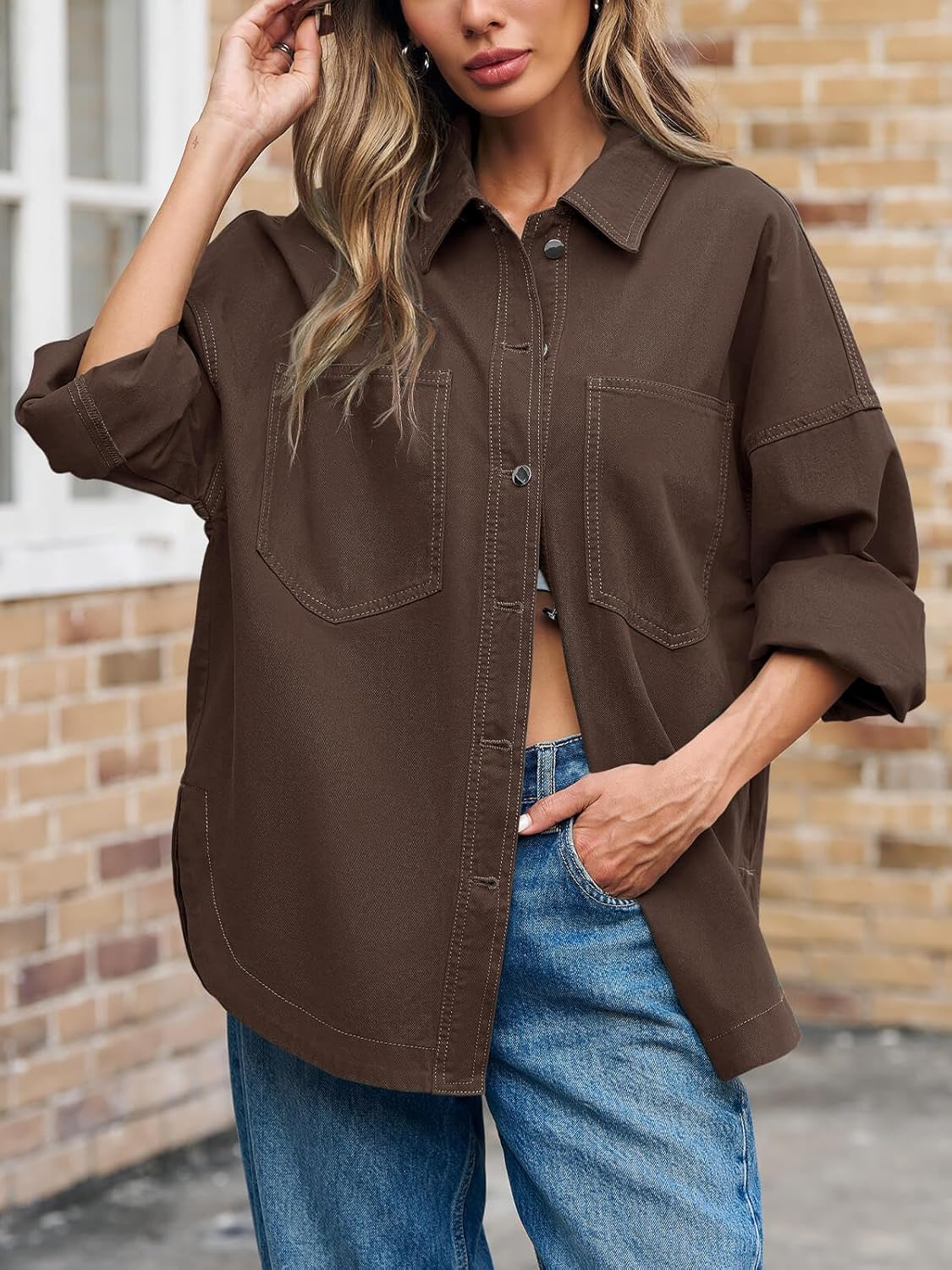 Tankaneo Womens Oversized Denim Shirt Jacket Button Down Long Sleeve Fall Casual Jean Shackets