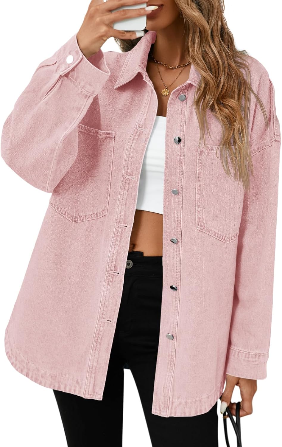 Tankaneo Womens Oversized Denim Shirt Jacket Button Down Long Sleeve Fall Casual Jean Shackets