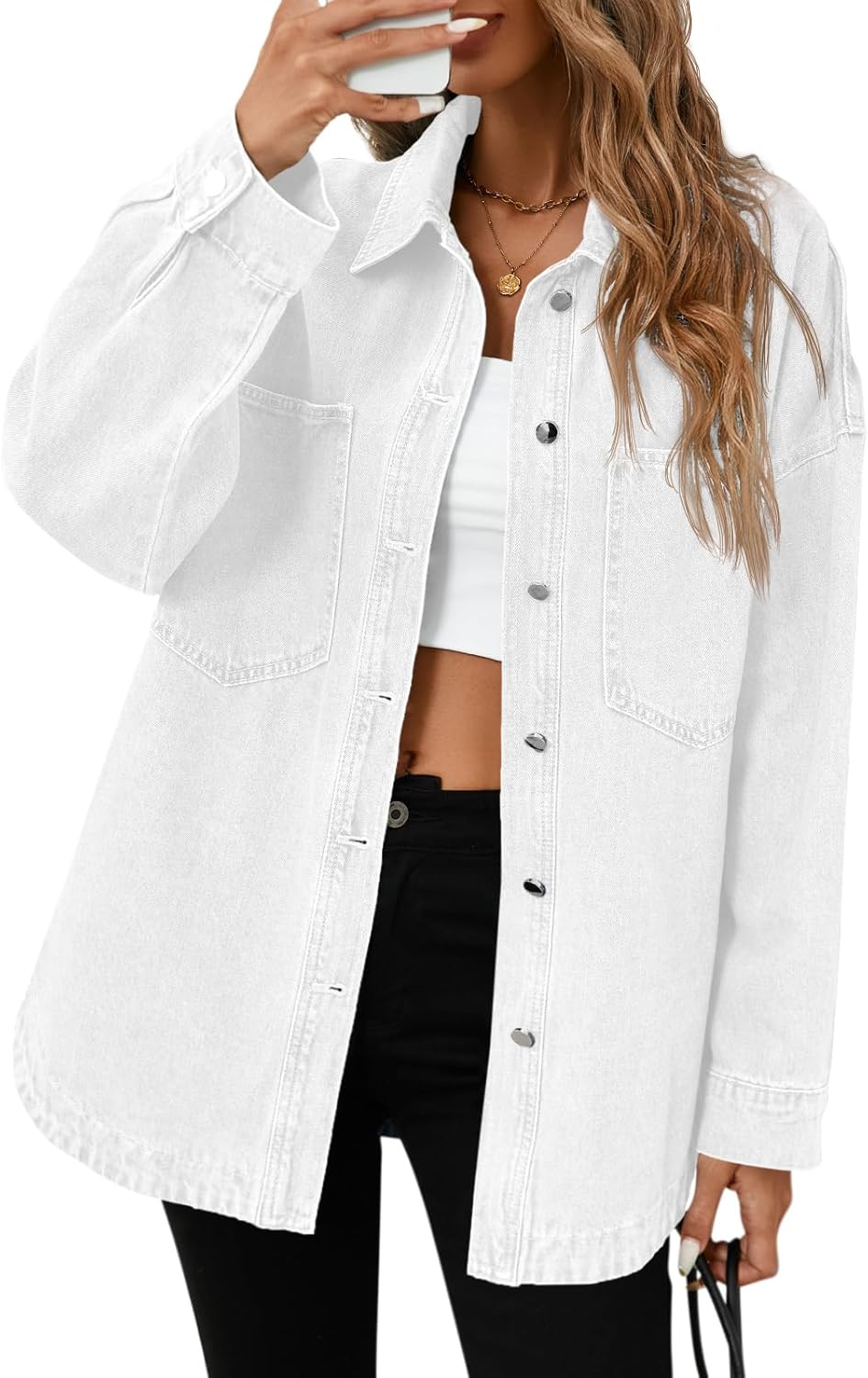 Tankaneo Womens Oversized Denim Shirt Jacket Button Down Long Sleeve Fall Casual Jean Shackets