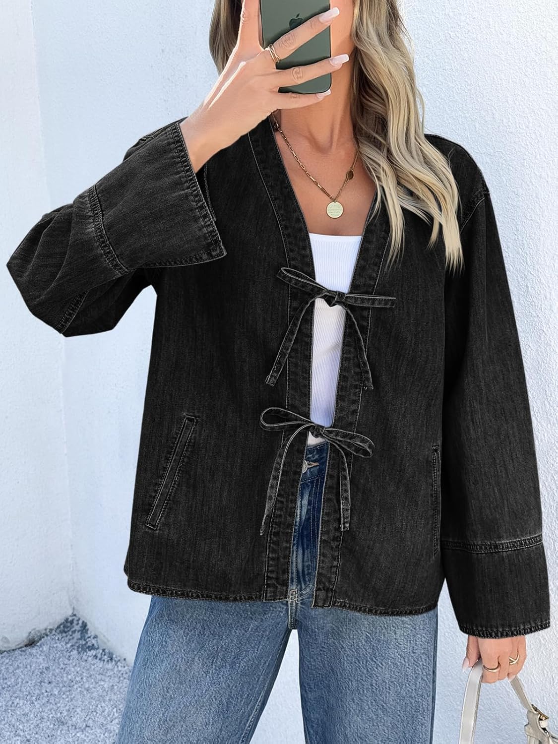 Tankaneo Womens Tie Front Denim Jacket Long Wide Sleeve Loose Fit Bow Jeans Coat Going Out Shacket