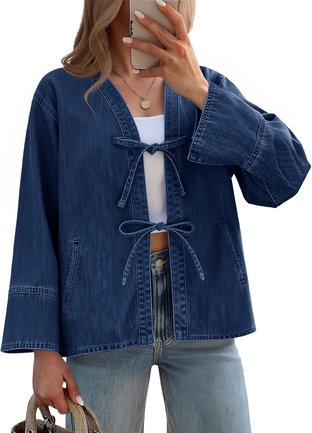Tankaneo Womens Tie Front Denim Jacket Long Wide Sleeve Loose Fit Bow Jeans Coat Going Out Shacket