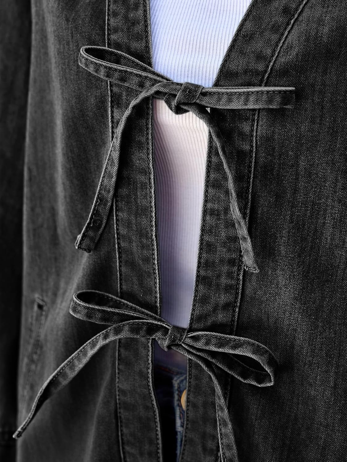 Tankaneo Womens Tie Front Denim Jacket Long Wide Sleeve Loose Fit Bow Jeans Coat Going Out Shacket