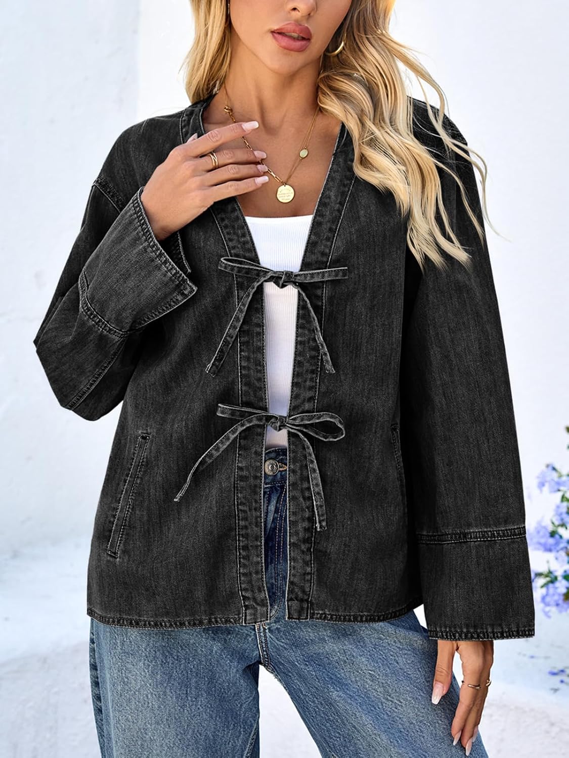 Tankaneo Womens Tie Front Denim Jacket Long Wide Sleeve Loose Fit Bow Jeans Coat Going Out Shacket