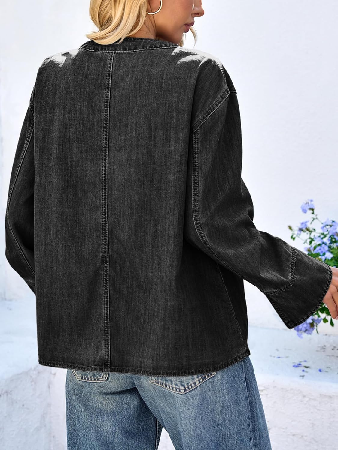 Tankaneo Womens Tie Front Denim Jacket Long Wide Sleeve Loose Fit Bow Jeans Coat Going Out Shacket